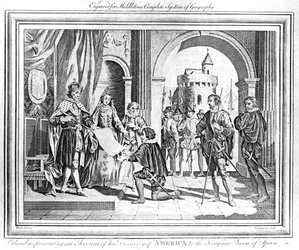Christophe Colomb (1451-1506) présentant un compte rendu de sa découverte de l